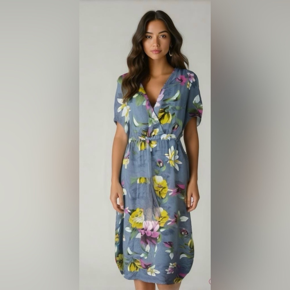 Floral Blue Midi Dress with V-Neck